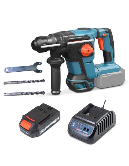Marteau perforateur sans fil 20V – 4 joules avec moteur brushless livré avec 1 batterie 2Ah et un chargeur rapide.