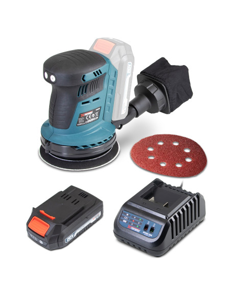 Ponceuse excentrique 20V max – 125mm avec moteur brushless livrée avec 1 batterie 2Ah et un chargeur rapide.