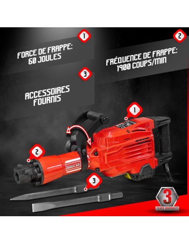 Marteau piqueur 1700W-60 joules - 1900 coups/minute - avec