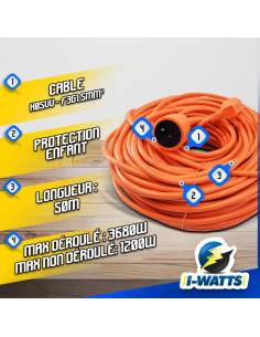 Allonge électrique 50m-3g*1.5mm2 Orange - I-Watts 2