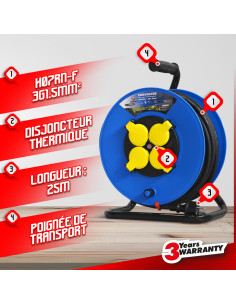 Enrouleur 4 prises - cable h07en-3g1.5mm²-25m - I-watts Pro 2