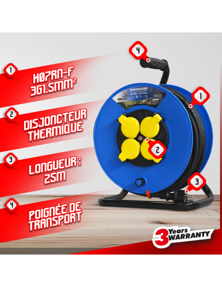 Enrouleur 4 prises - cable h07en-3g1.5mm²-25m - I-watts Pro