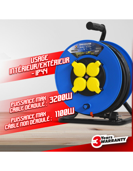 Enrouleur 4 prises - cable h07en-3g1.5mm²-25m - I-watts Pro