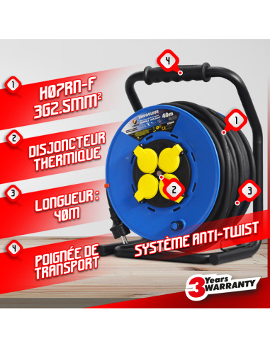 Enrouleur 4 prises-h07rn-3g2.5MM²-40M -I-watts Pro
