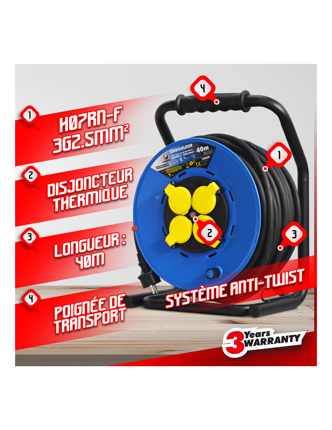 Avvolgicavo Standard BT Pro – 40m – H07RN-F 3G2,5 – 4 Prese Con Coperchio – IP44, Brennenstuhl