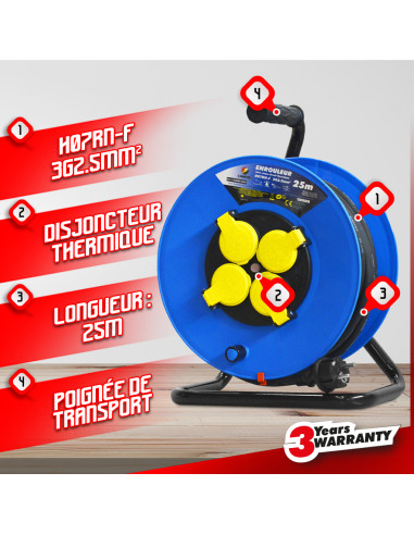 Enrouleur 4 prises-h07rn-3g2.5mm²-25M -I-watts Pro