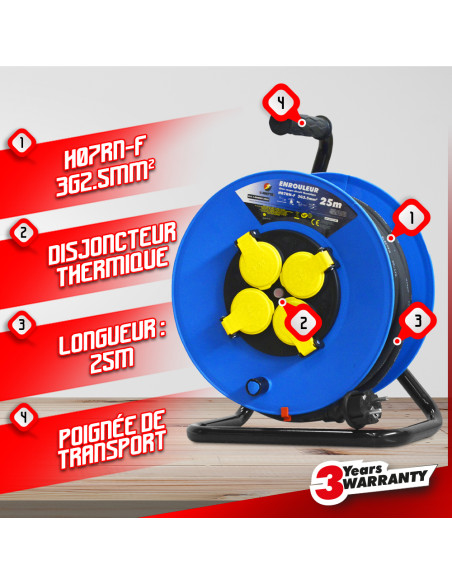 Enrouleur 4 prises-h07rn-3g2.5mm²-25M -I-watts Pro