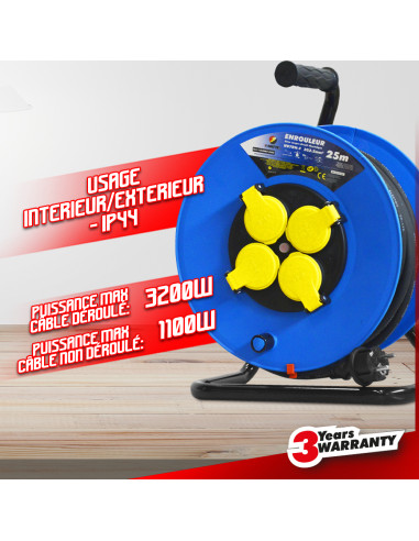 Enrouleur 4 prises-h07rn-3g2.5mm²-25M -I-watts Pro