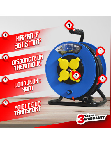 Enrouleur 4prises-h07rn-3g1.5mm²-40m - I-Watts Pro