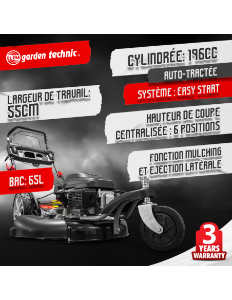 Tondeuse thermique tractée 3 roues 196cc - 55cm - Elem Garden