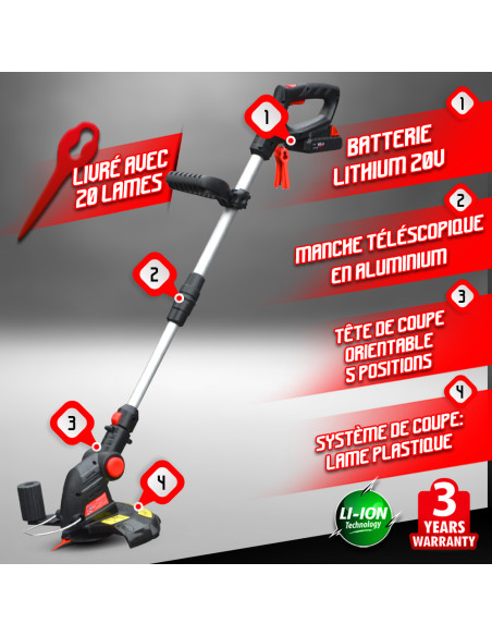 Coupe bordures sans fil 20V Batterie Lithium 2000mAh - 25cm -