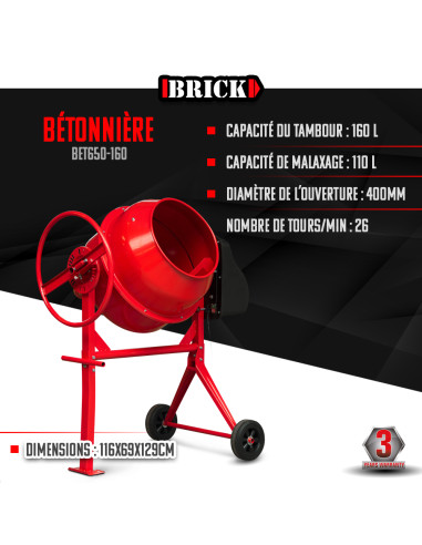 Bétonnière 650w - Capacité du tambour 160L - Avec roues - Brick