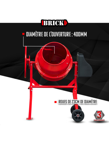 Bétonnière 650w - Capacité du tambour 160L - Avec roues - Brick