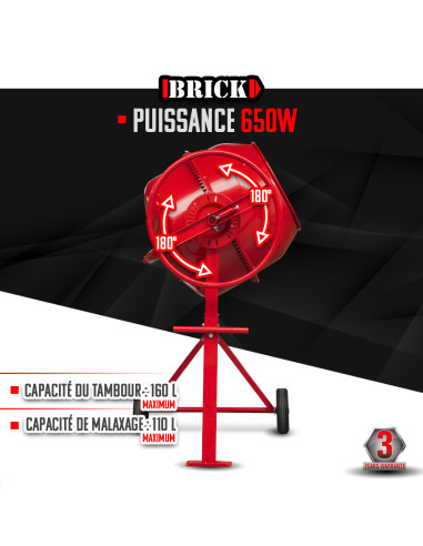 Bétonnière 650w - Capacité du tambour 160L - Avec roues - Brick