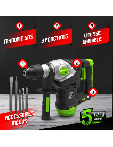 Marteau perforateur 1500W - 6 joules - Vitesse variable - avec
