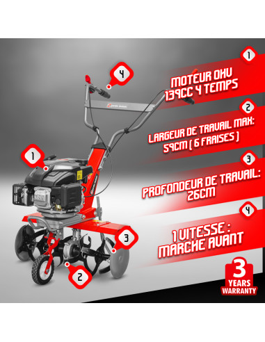 Motobineuse thermique 139CC - 6 fraises - Elem Garden