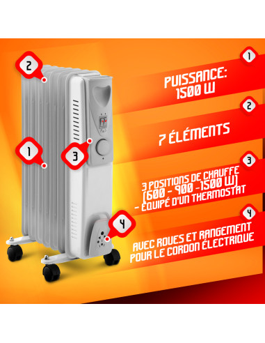 Radiateur bain d'huile 1500W 7 éléments - Warm Tech