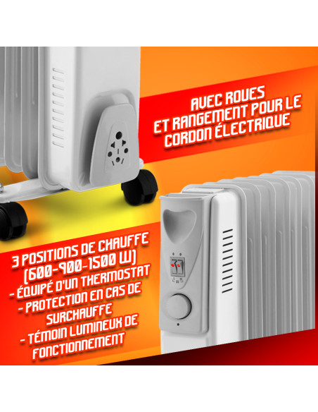 Radiateur bain d'huile 1500W 7 éléments - Warm Tech