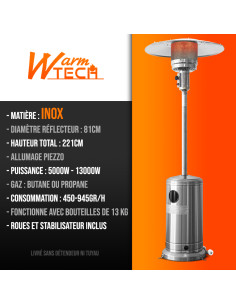 Chauffage de terrasse au gaz 13Kw en inox avec roues - Warm Tech 2
