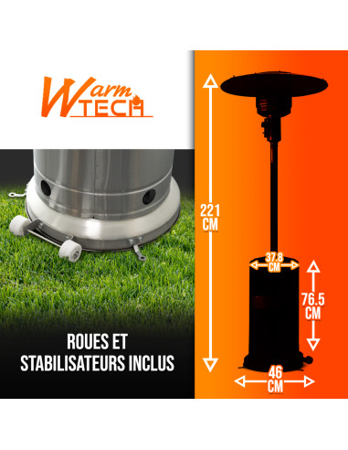 Chauffage de terrasse au gaz 13Kw en inox avec roues - Warm Tech