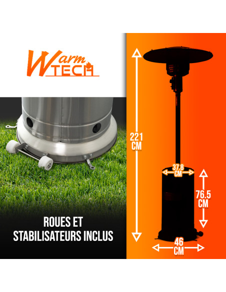 Chauffage de terrasse au gaz 13Kw en inox avec roues - Warm Tech