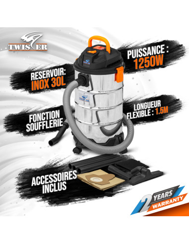 Aspirateur eau et poussières 1250W - 30L Inox