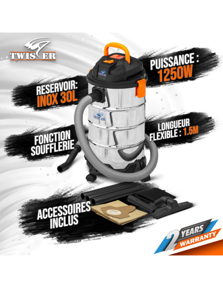 Aspirateur eau et poussières 1250W - 30L Inox
