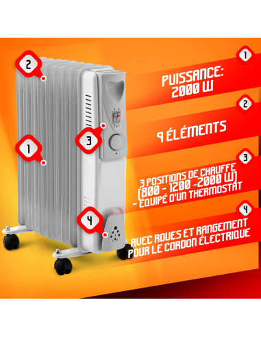 Radiateur bain d huile 2000W 9 élements Warm Tech