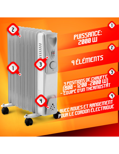 Radiateur bain d huile 2000W 9 élements Warm Tech