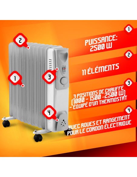 Radiateur bain d huile 2500W 11 éléments - Warm tech