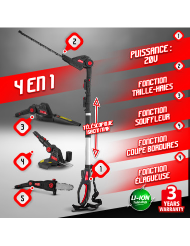 Outil de jardin multifonctions 4en1 sans fil 20V